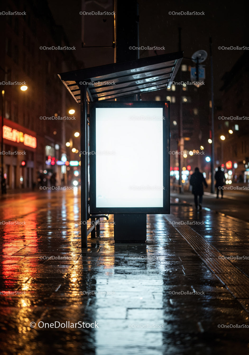Night City Street with Bus Stop and Reflective Wet Pavement