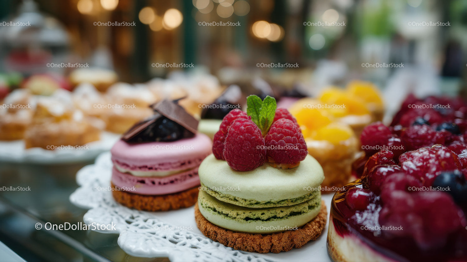 Assorted Fruit Tart and Macarons Display in Bakery