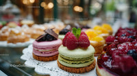 Assorted Fruit Tart and Macarons Display in Bakery