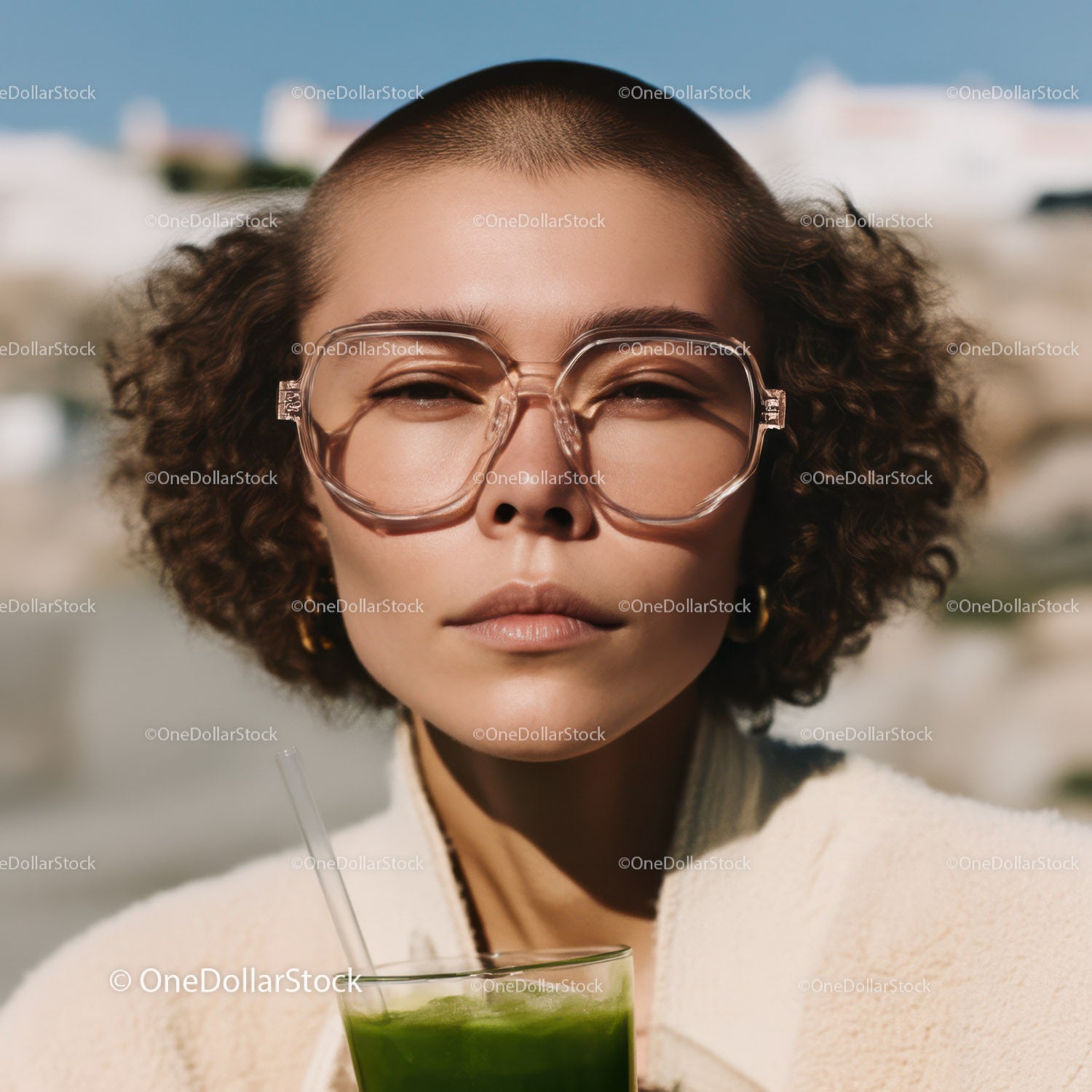 Stylish Woman with Curly Hair Drinking Green Juice in Summer Outdoor Scene