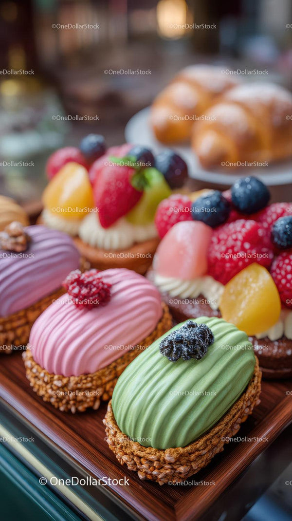 Colorful Assorted Éclairs with Fruit Toppings and Gourmet Decor