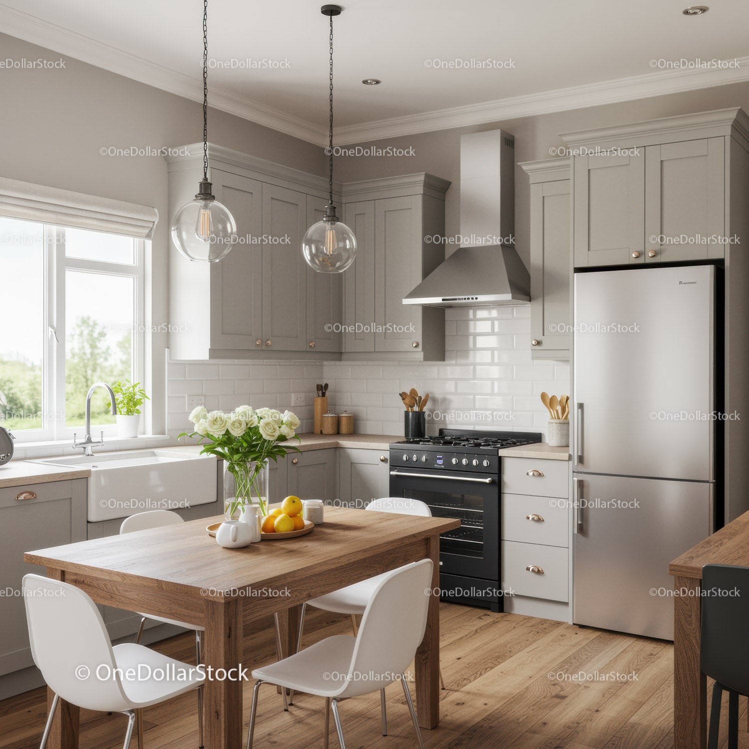 Modern Kitchen with Wooden Dining Table and Stainless Steel Appliances