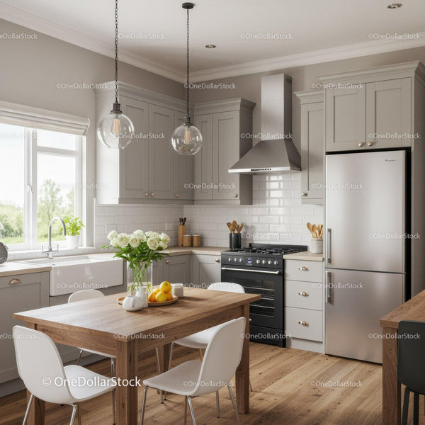 Modern Kitchen with Wooden Dining Table and Stainless Steel Appliances