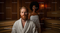 Young Adults Relaxing in Sauna Room with Wooden Interior