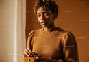 Stylish Woman with Dreadlocks in Warm Brown Sweater Indoor Portrait