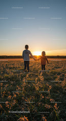 Children Holding Hands Watching Sunset in Open Field