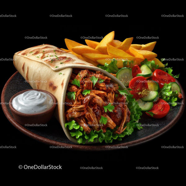 Kolorowy talerz z grillowanym mięsem, frytkami, sałatką i sosem czosnkowym
