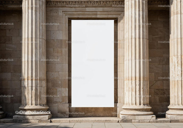 Blank Vertical Banner Between Classic Stone Columns JPG Mockup Image