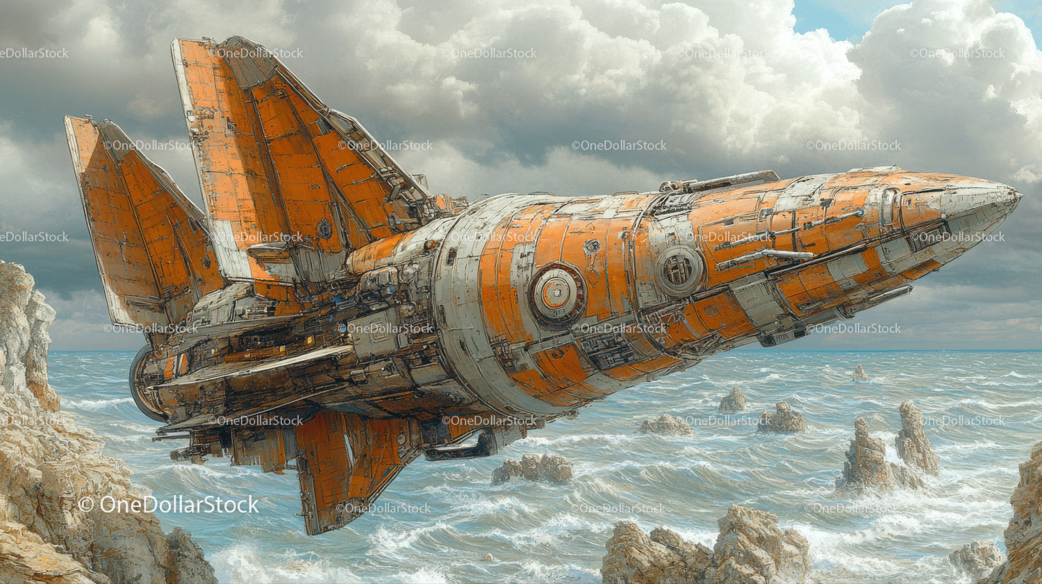 Futuristic Rusty Spaceship Wreckage Over Ocean Coastline