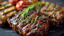 Close-up of Juicy Grilled Beef Steak with Herbs and Marinade