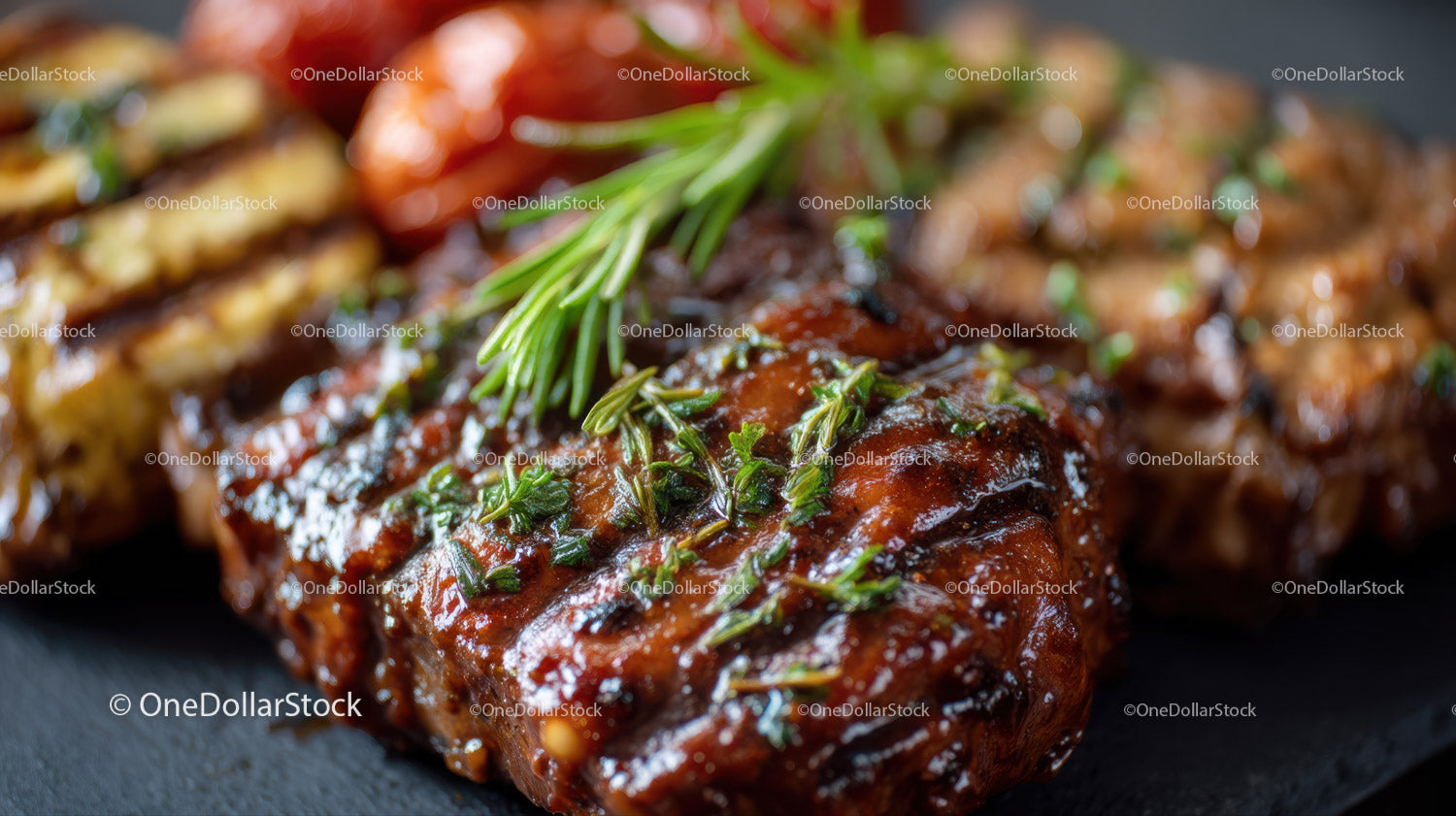 Close-up of Juicy Grilled Beef Steak with Herbs and Marinade