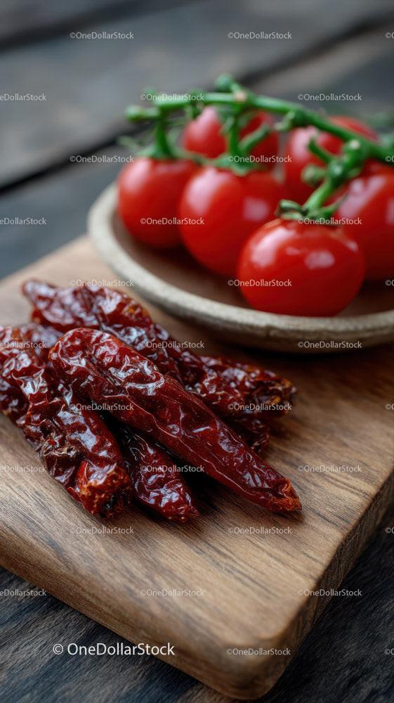 Fresh Cherry Tomatoes and Dried Red Chili Peppers on Rustic Wooden Board