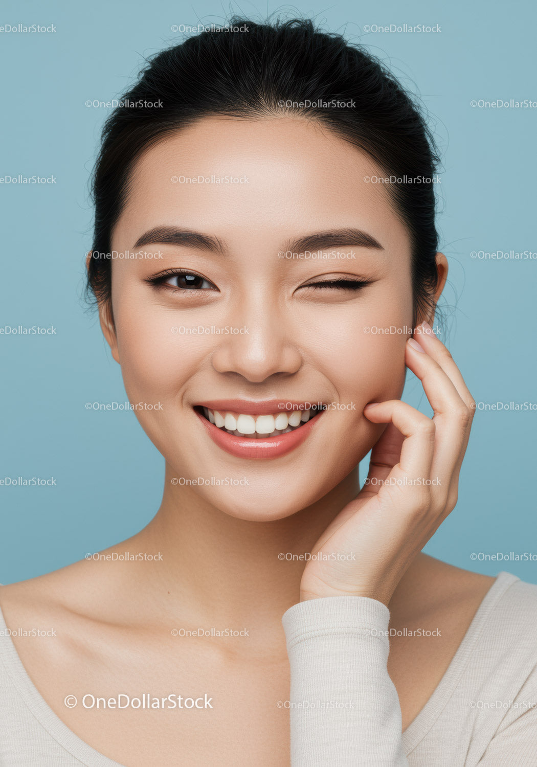 Bright Smiling Asian Woman With Perfect Teeth and Natural Makeup