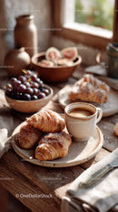 Fresh Croissants and Coffee on Rustic Wooden Table with Fruits
