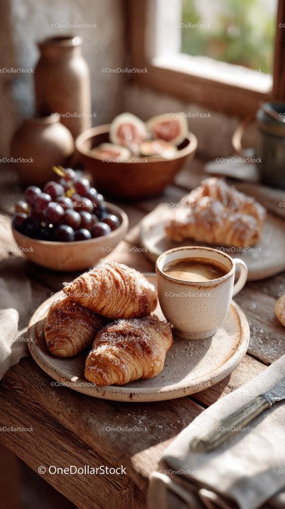 Fresh Croissants and Coffee on Rustic Wooden Table with Fruits