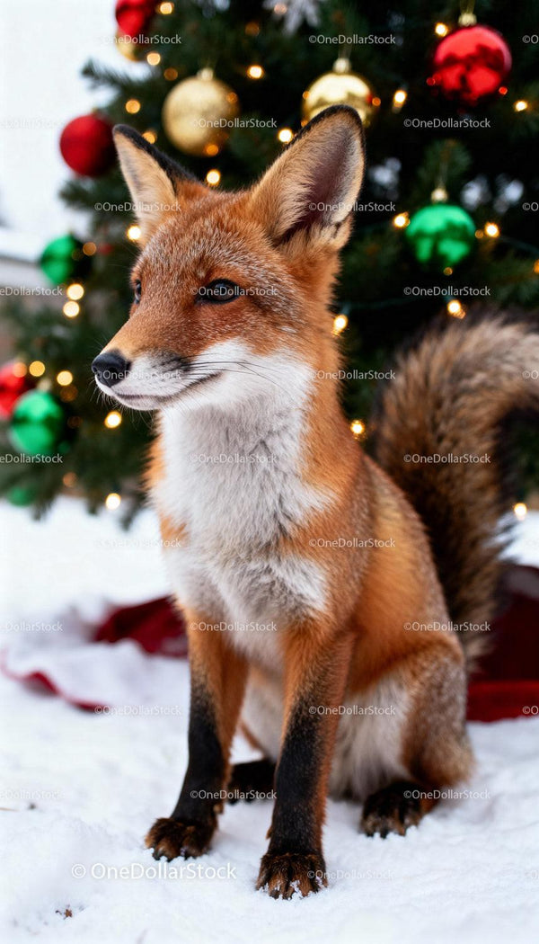 Red Fox Sitting by Festive Christmas Tree in Snow