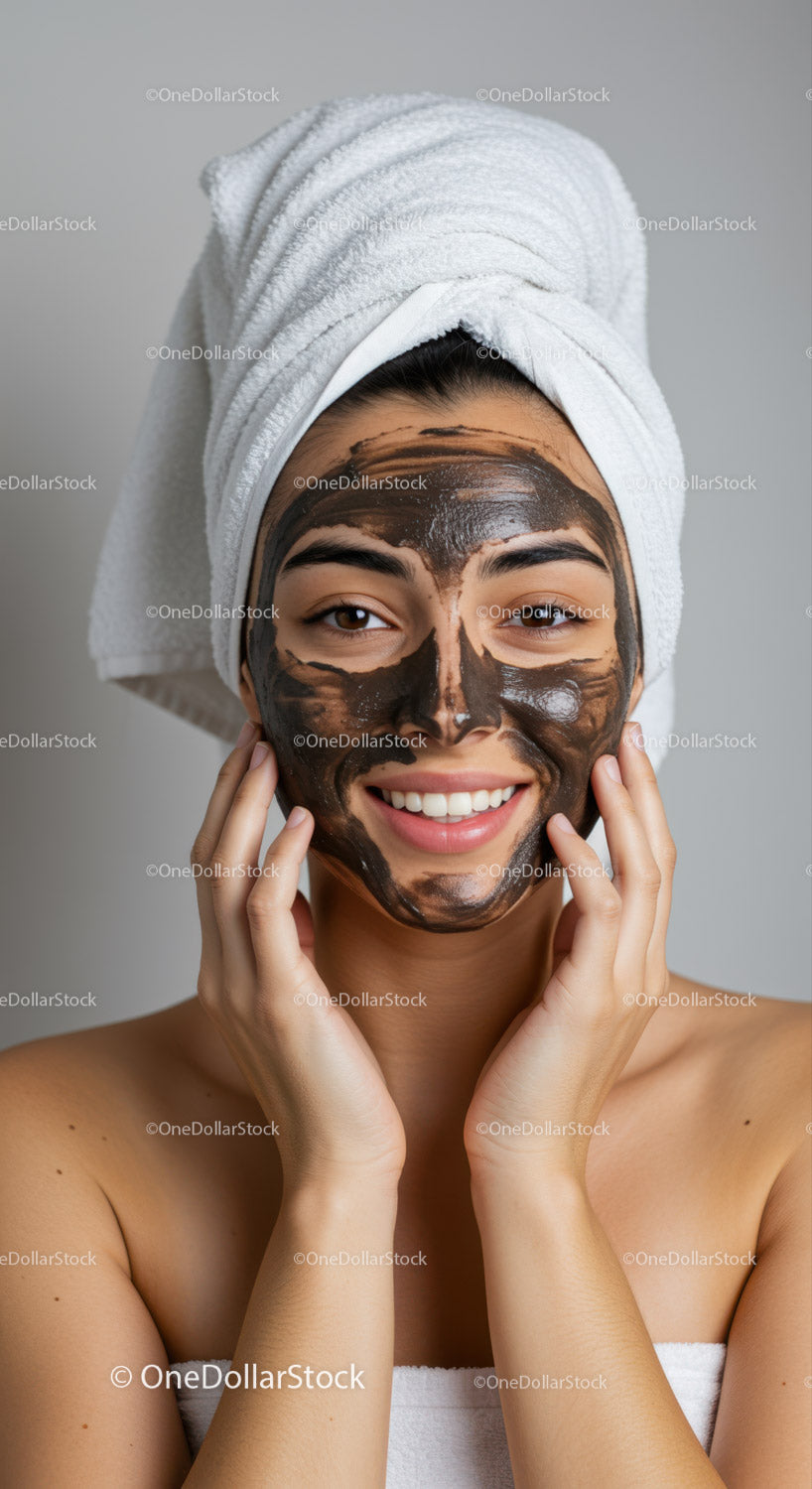 Young Woman with Mud Facial Mask and Towel Wrapped Hair