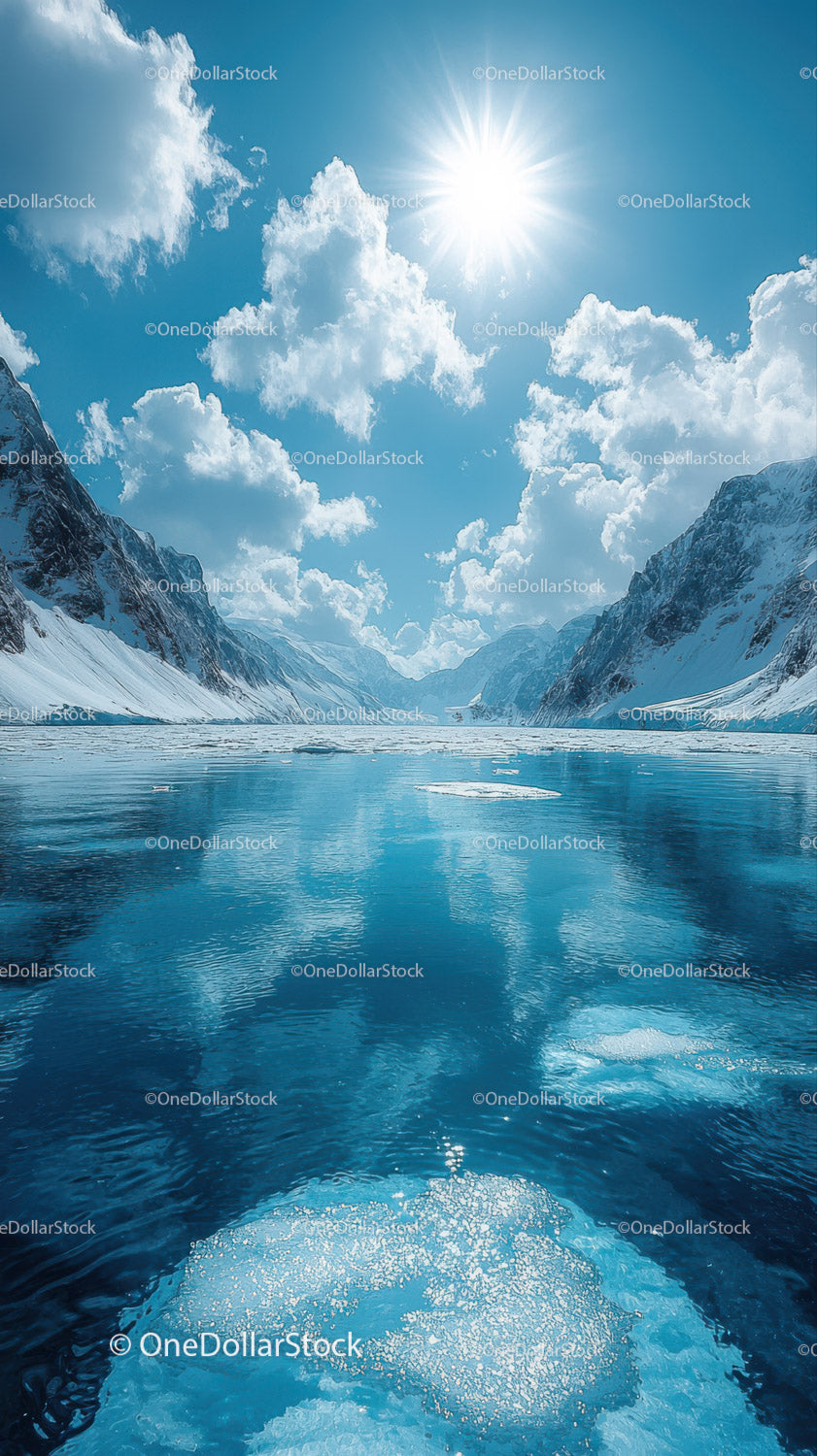 Majestic Snow-Covered Mountain Valley with Glacial Lake under Sunny Sky