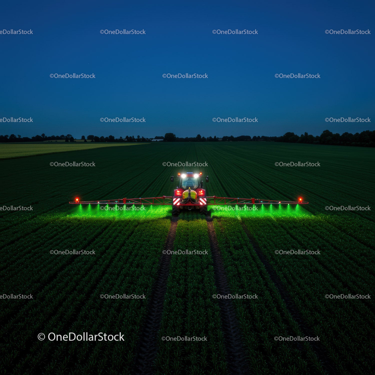 Nighttime Farming Scene with Green Sprayer in Field