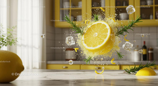 Fresh lemon with ice and rosemary splash in kitchen