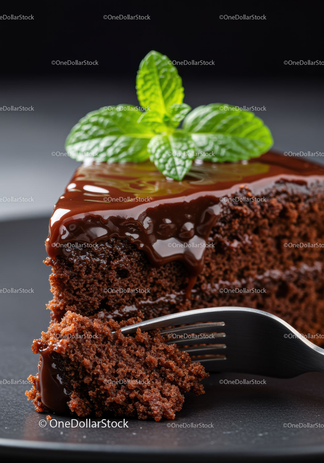 Close up of moist chocolate cake slice with fresh mint