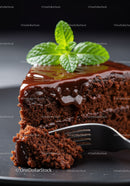 Close up of moist chocolate cake slice with fresh mint