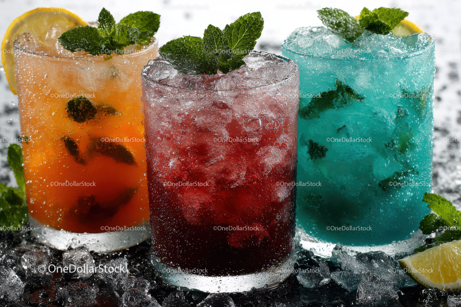 Vibrant Mixed Fruit Cocktails with Fresh Mint and Ice