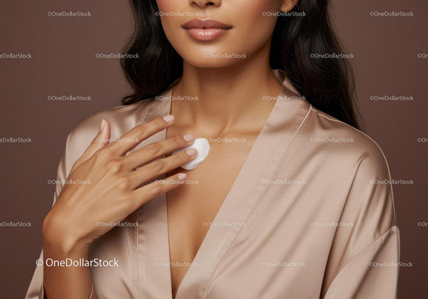 Elegant Woman Applying Skincare Cream on Chest in Close-Up