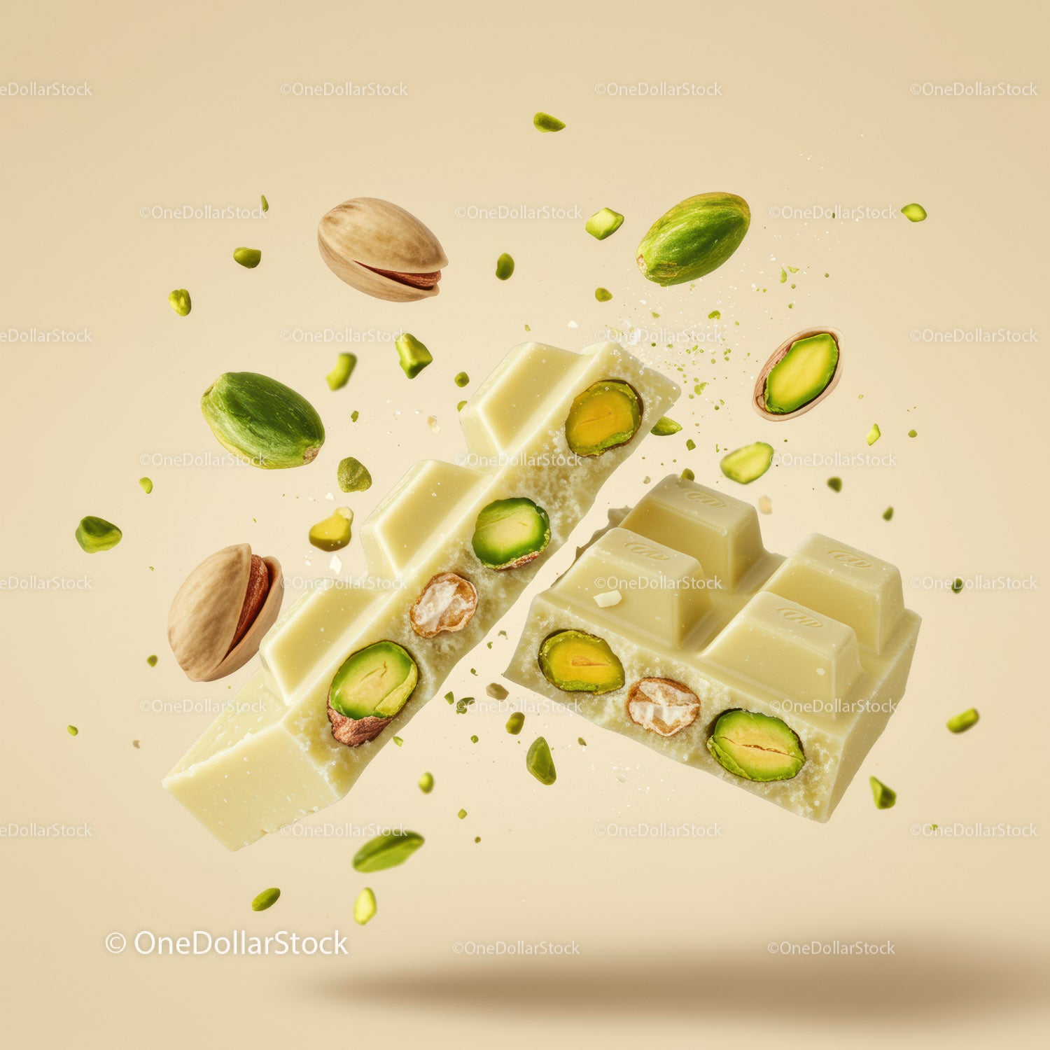 White Chocolate Bar with Pistachios Breaking Apart