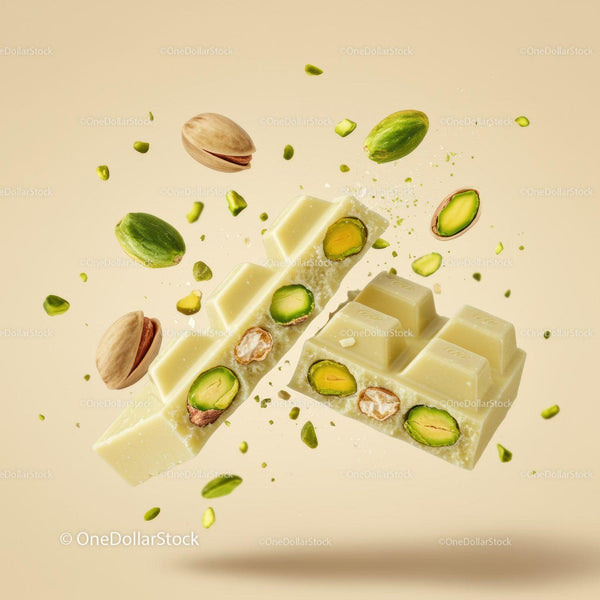 White Chocolate Bar with Pistachios Breaking Apart