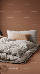 Cozy Bedroom with Linen Bedding and Pillows in Neutral Tones