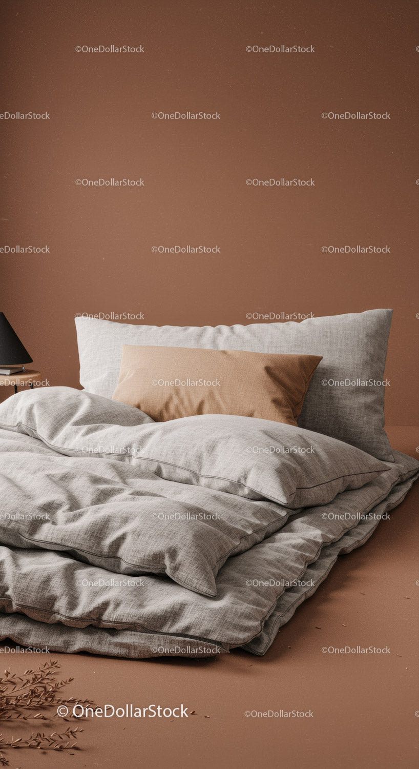 Cozy Bedroom with Linen Bedding and Pillows in Neutral Tones
