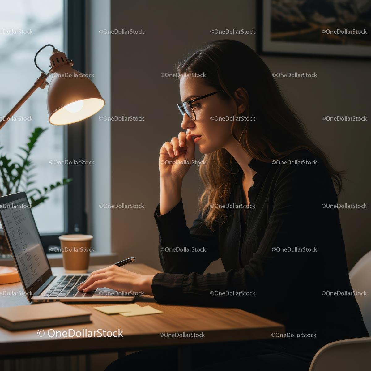 Skupiona kobieta pracująca przy laptopie w nowoczesnym biurze domowym