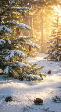 Snow-Covered Pine Branches with Warm Winter Sunlight