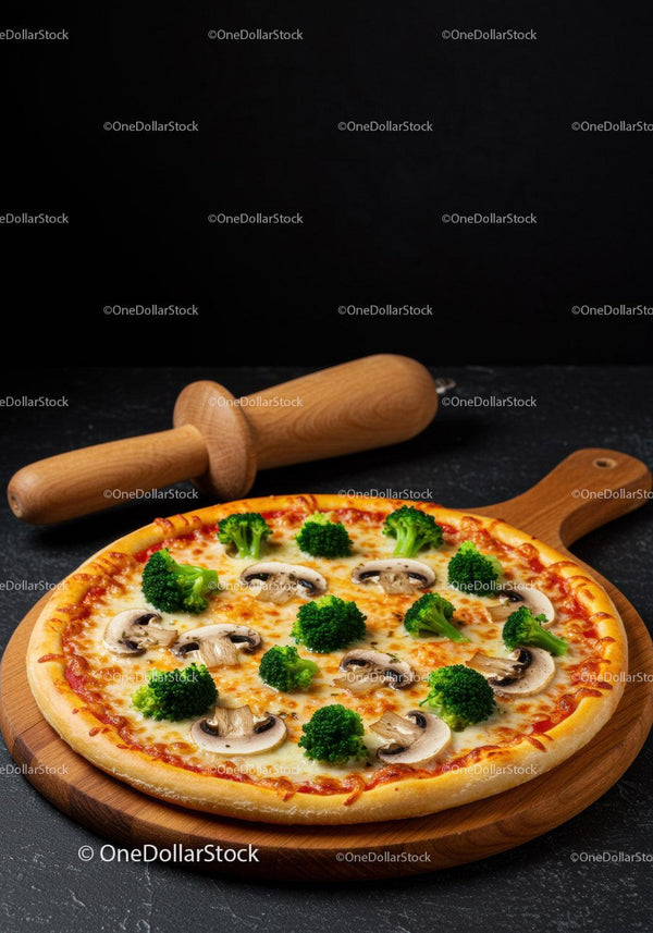 Cheesy pizza topped with fresh broccoli and mushrooms
