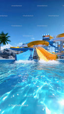 Colorful Water Slides at a Vibrant Water Park Under Blue Sky