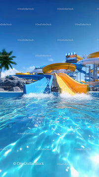 Colorful Water Slides at a Vibrant Water Park Under Blue Sky