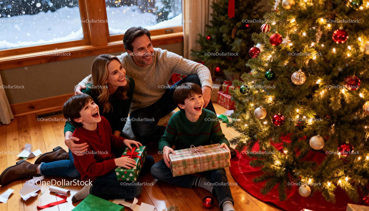 Happy family opening Christmas gifts by decorated tree