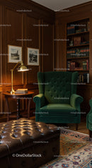 Cozy reading nook with green velvet chair and leather ottoman