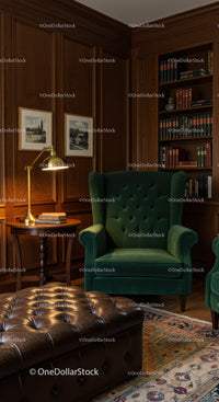 Cozy reading nook with green velvet chair and leather ottoman