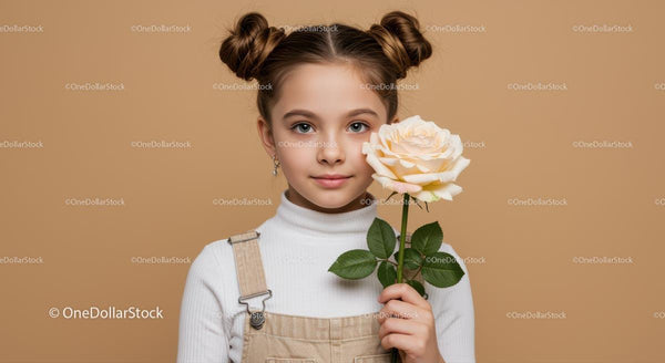 Młoda Dziewczyna Trzymająca Białą Różę na Beżowym Tle do Fotografii Portretowej