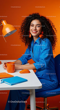 Smiling Young Woman in a Colorful Creative Workspace