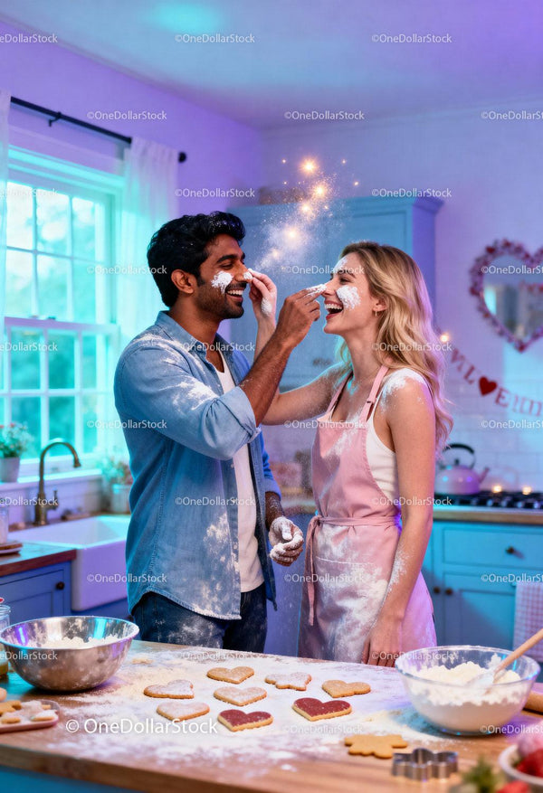 Couple Playfully Baking Valentine Cookies Together