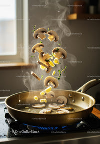 Sautéing fresh mushrooms and herbs in a warm kitchen