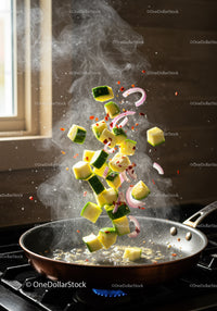 Fresh vegetables sautéed in hot pan with steam