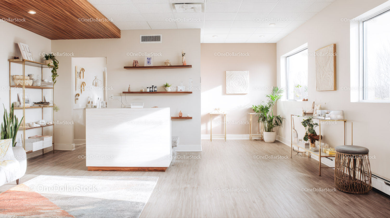 Jasny, minimalistyczny salon z roślinami doniczkowymi i drewnianymi akcentami