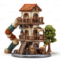 Wooden Fairy House with Tree and Slide for Children's Play