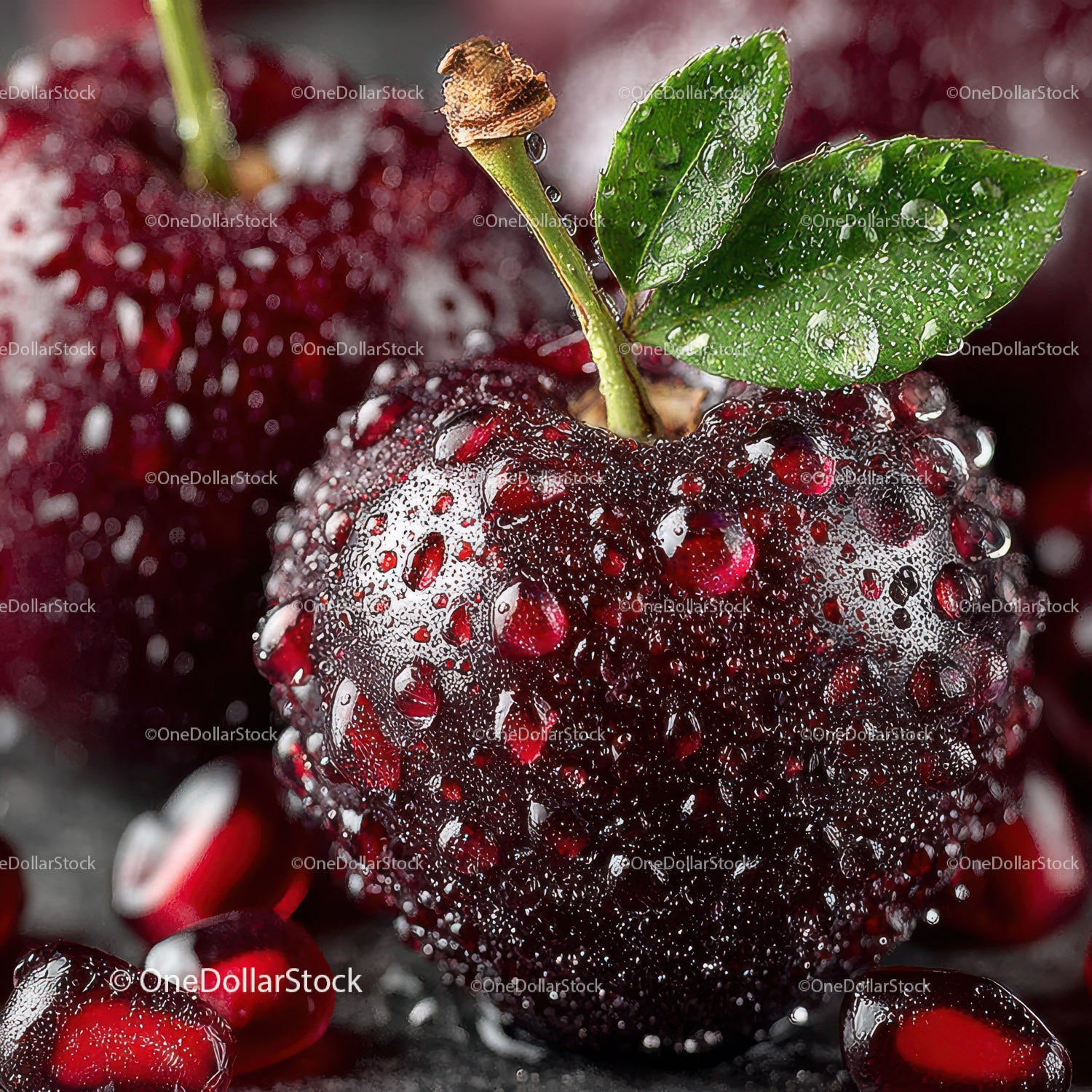 Close-up of Juicy Ripe Blackberries with Water Droplets and Green Leaves