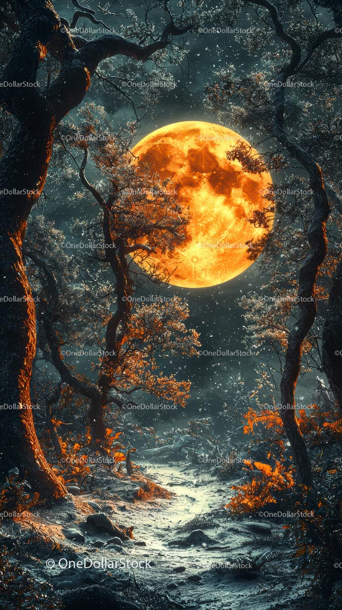 Enchanting Night Forest Scene with Full Moon and Autumn Trees