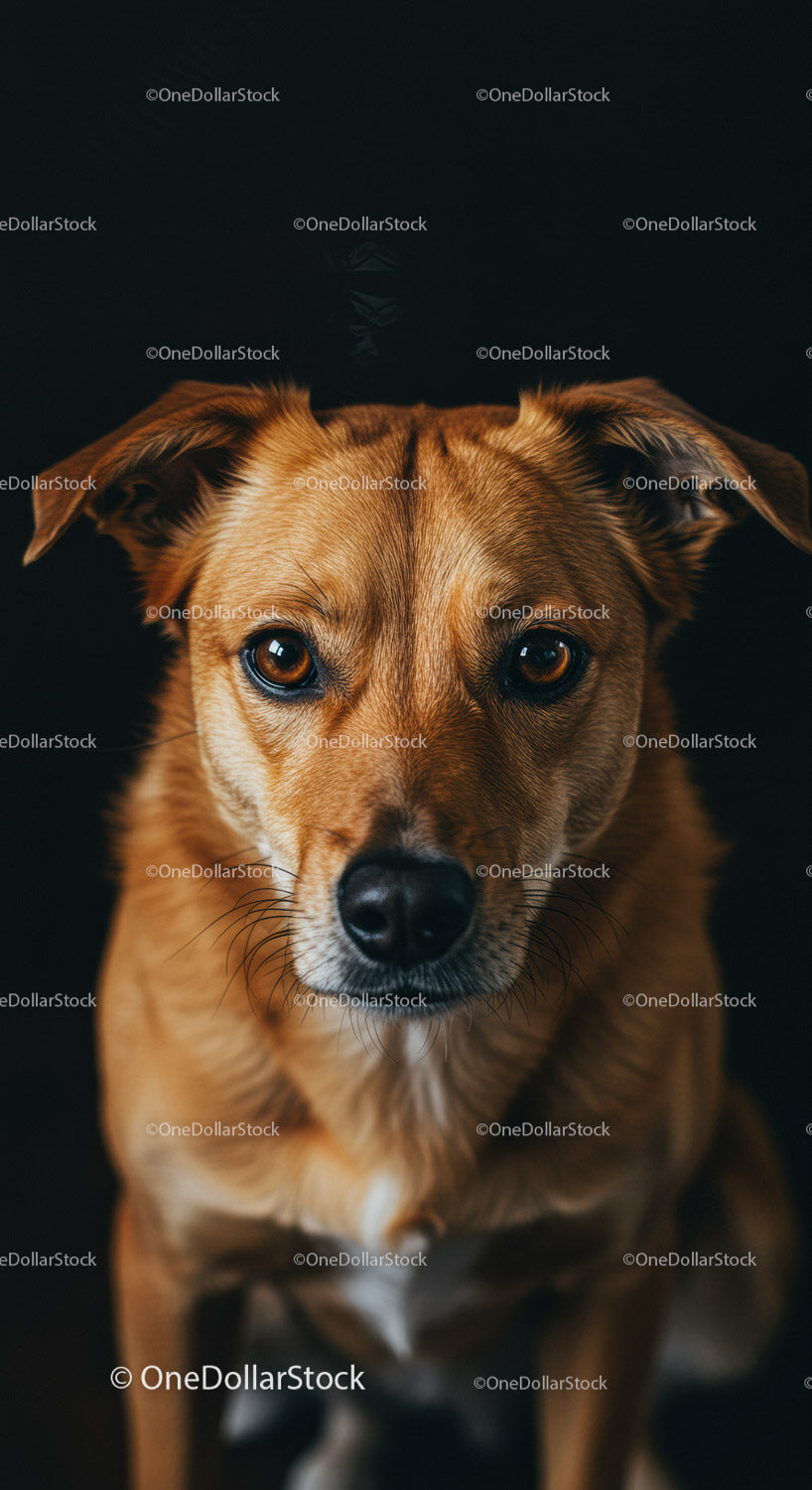 Close-up portrait of attentive brown dog against dark background